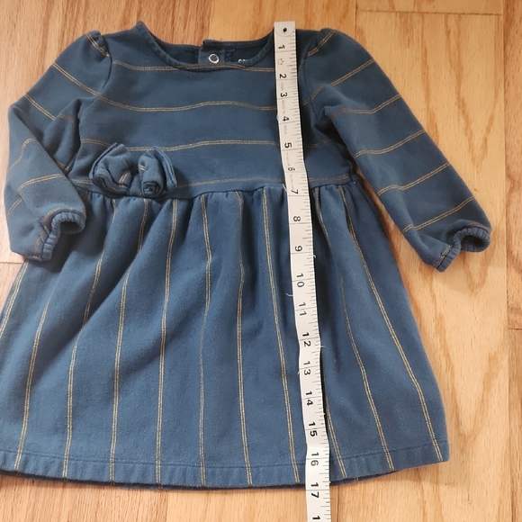 Carter's Blue With Golden Striped Pleated Dress with Puff Long Sleeves 12 Months - Picture 7 of 17